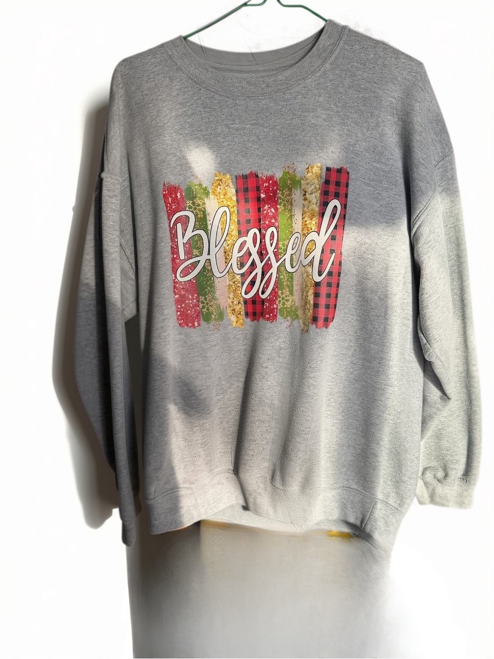 Gildan Gray 'Blessed' Graphic Crewneck Sweatshirt with Red & Green Accents
